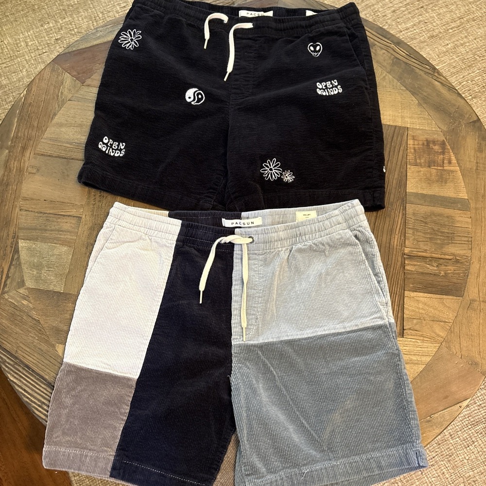 PACSUN BLACK/GRAY COLOR BLOCK MENS CORDUROY VOLLEY SHORTS BUNDLE 2 PAIRS SZ MED